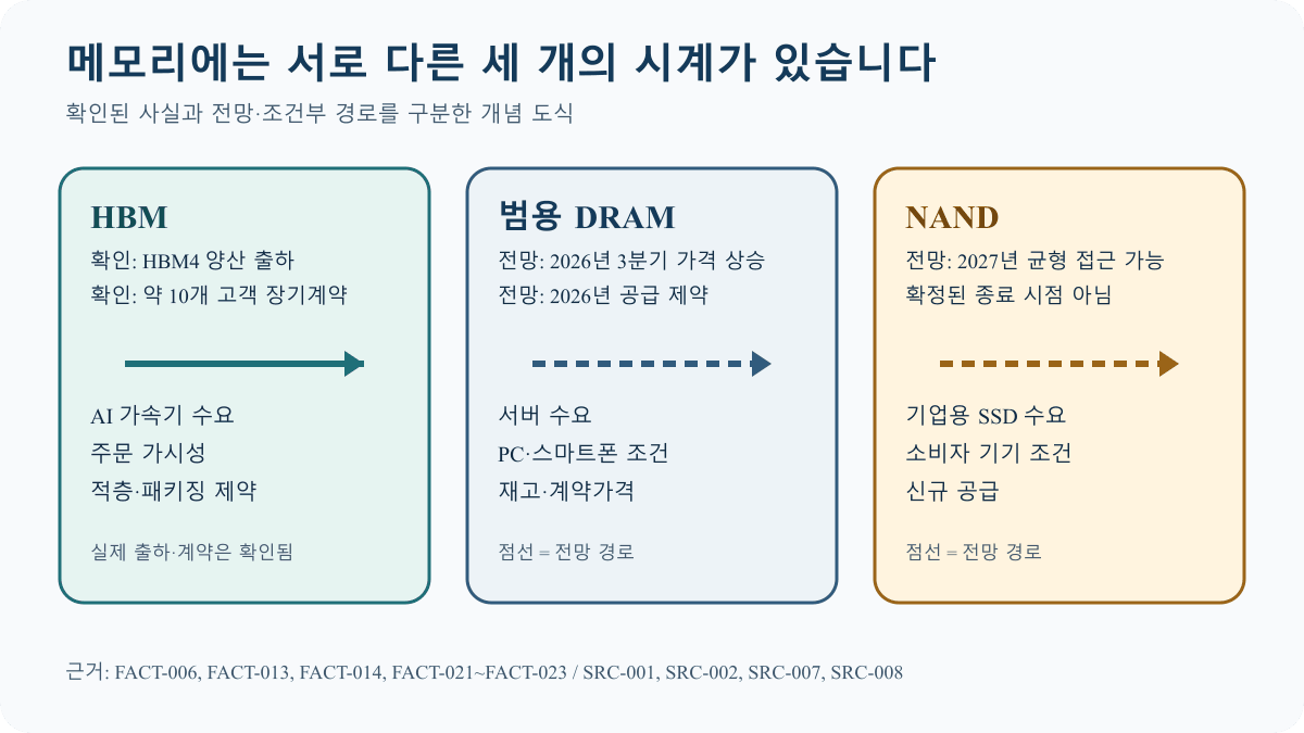 HBM은 AI 가속기와 장기계약, DRAM은 서버와 소비자 기기, NAND는 기업용 SSD와 신규 공급 조건에 연결된 세 갈래 도식
