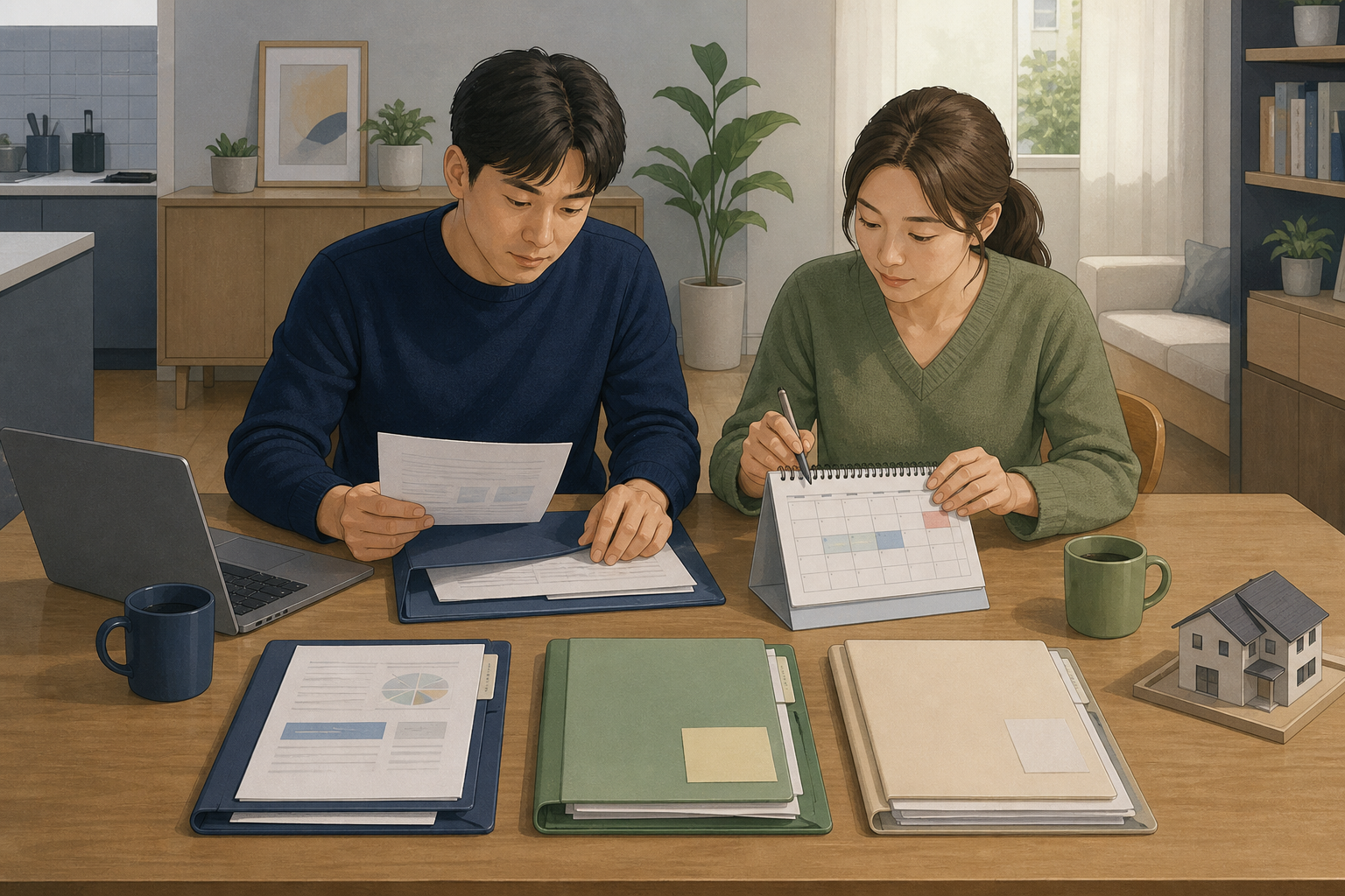 가정에서 대출 서류와 달력, 주택 구입 예산을 차분히 정리하는 가족의 편집 일러스트