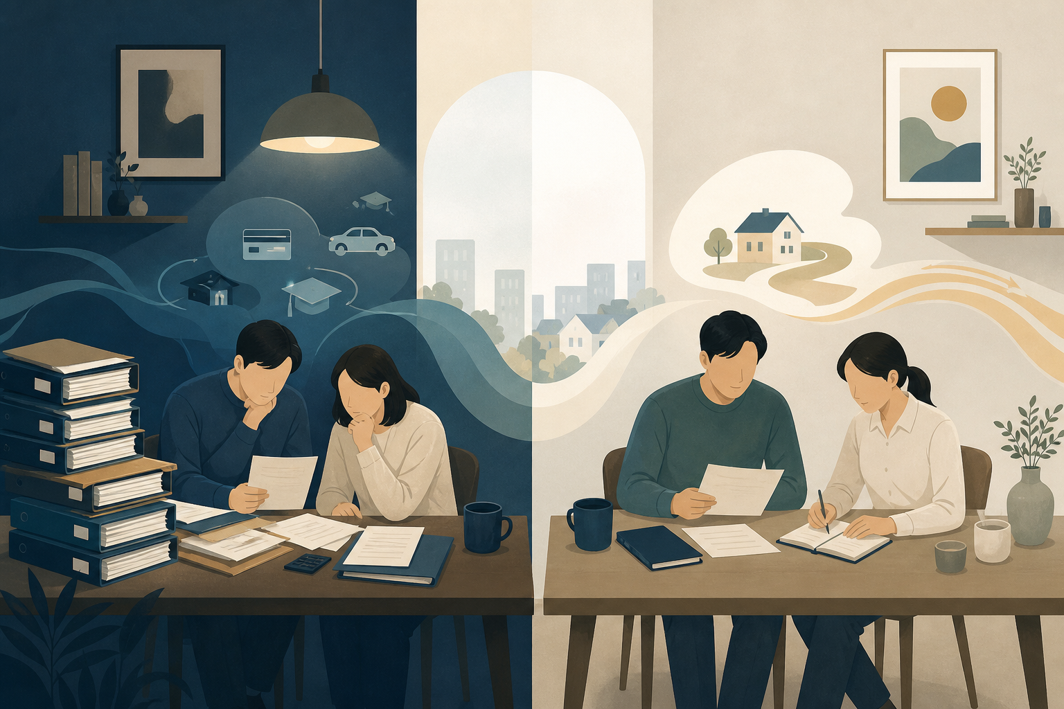 서류 더미와 자동차·교육·주택 상징 요소를 검토하는 두 가구를 나란히 보여주는 분할 편집 일러스트