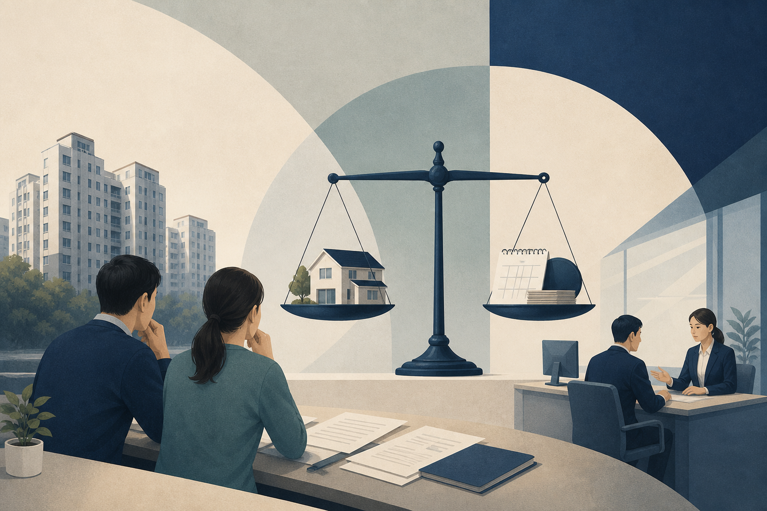 양팔저울에 주택과 달력·대출 서류를 올리고 가계의 금융 상담을 표현한 편집 일러스트
